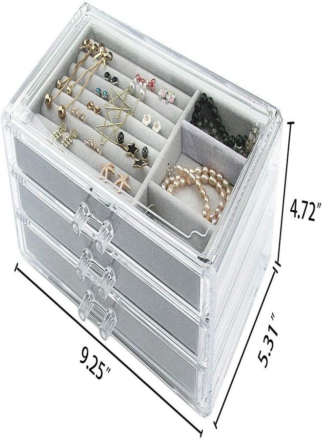 SOLEGLOW Acrylic Jewelry Box with 3 Velvet-Lined Drawers – Organizer for Rings, Earrings, Necklaces, Bracelets – Stylish Display Case Gift for Women and Girls (Gray) - Image 2
