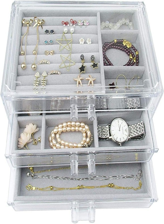 SOLEGLOW Acrylic Jewelry Box with 3 Velvet-Lined Drawers – Organizer for Rings, Earrings, Necklaces, Bracelets – Stylish Display Case Gift for Women and Girls (Gray) - Image 1