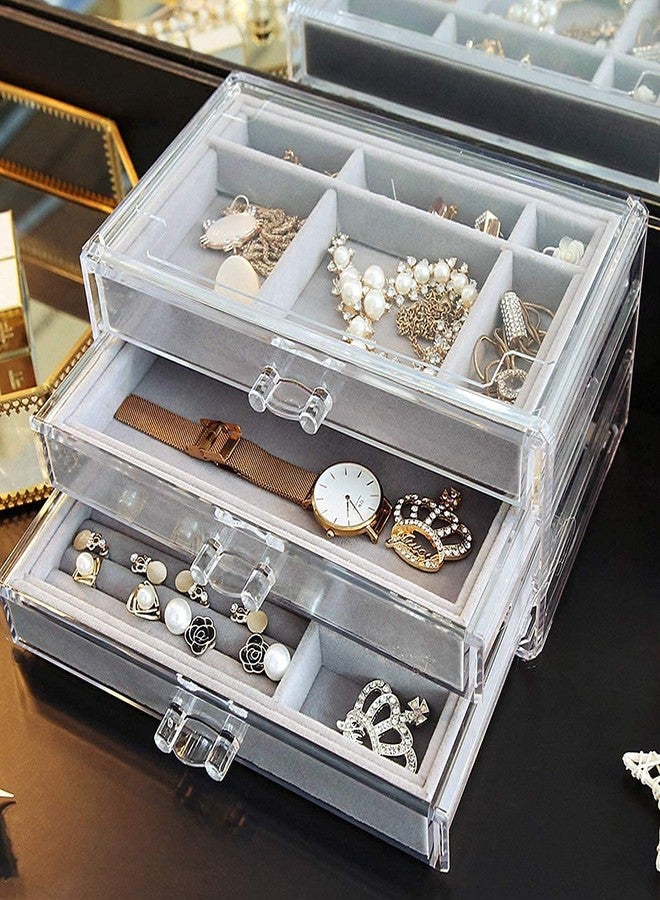 SOLEGLOW Acrylic Jewelry Box with 3 Velvet-Lined Drawers – Organizer for Rings, Earrings, Necklaces, Bracelets – Stylish Display Case Gift for Women and Girls (Gray) - Image 3
