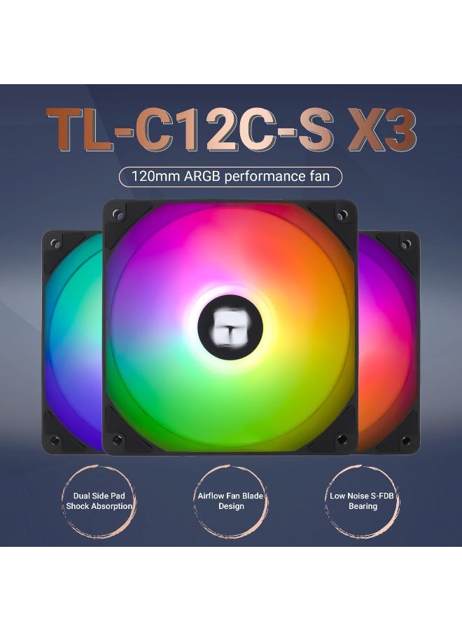 ثيرمالرايت مروحة معالج TL‑C12C‑S X3، مروحة تبريد علبة ARGB مقاس 120 ملم، مروحة حاسوب هادئة PWM ذات 4 دبابيس مزودة بمحمل S‑FDB، سرعة تصل إلى 1550 دورة في الدقيقة (3 قطع) - Image 2