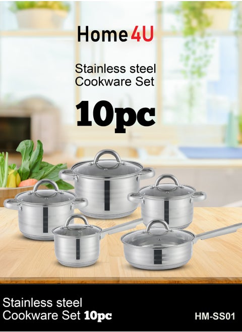 طقم أواني الطهي من Home4U من الفولاذ المقاوم للصدأ 10 قطع مع أغطية زجاجية، اللون الفضي - HM-SS01
