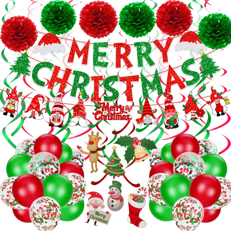 FECEDY Fecedy MERRY CHRISTMAS Hanging Paper Banner Santa Claus Banner Pom poms Swirl StreamersLatex Balloons For Merry Christmas Party Decorations