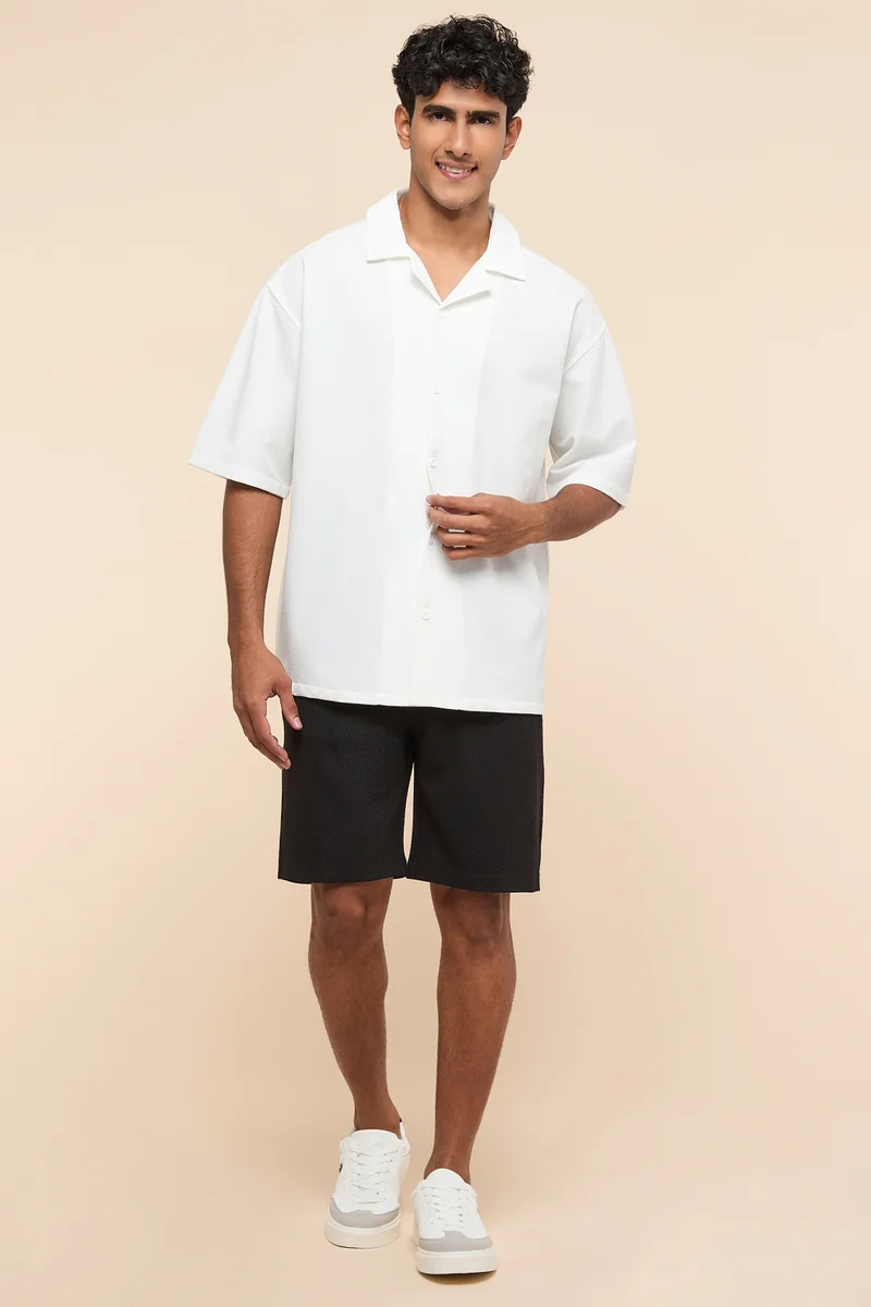 أر أند بي Textured Oversized Shirt with Reverse Collar and Short Sleeves