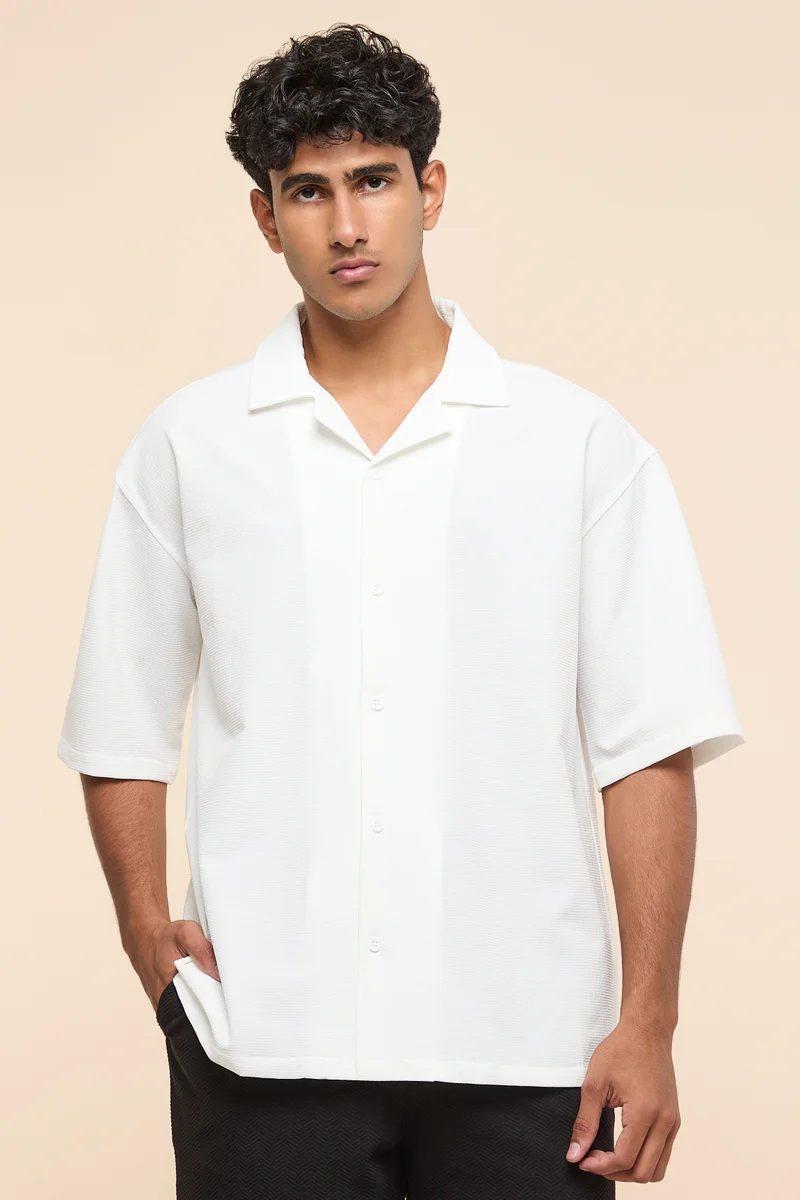أر أند بي Textured Oversized Shirt with Reverse Collar and Short Sleeves