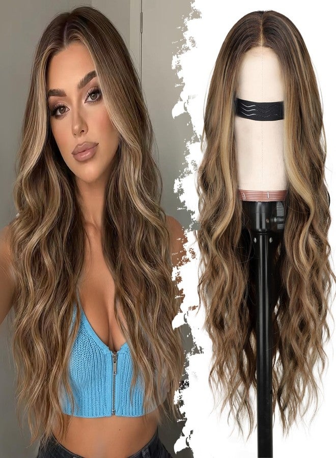 Eawwii Brown Blonde Highlight Wig for Women Long Wavy 4x1 Lace Natural Hairline Glueless for Beginners Middle Part Synthetic for Daily Party Use 26Inch - Image 1