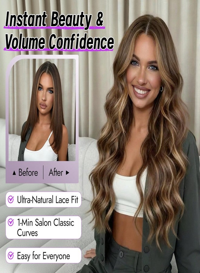 Eawwii Brown Blonde Highlight Wig for Women Long Wavy 4x1 Lace Natural Hairline Glueless for Beginners Middle Part Synthetic for Daily Party Use 26Inch - Image 5