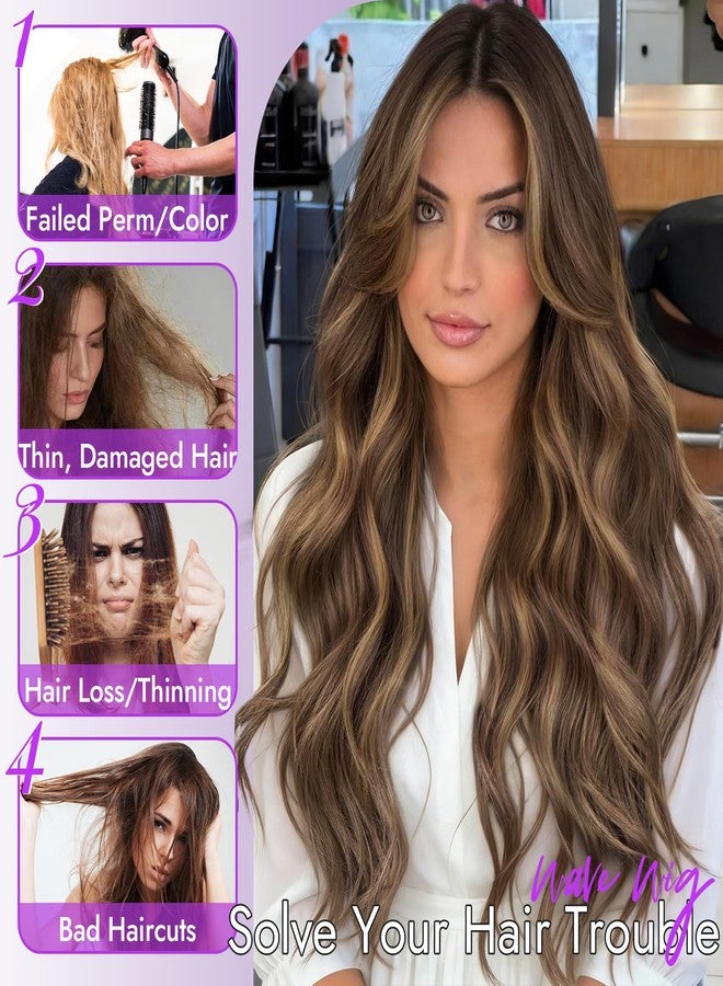Eawwii Brown Blonde Highlight Wig for Women Long Wavy 4x1 Lace Natural Hairline Glueless for Beginners Middle Part Synthetic for Daily Party Use 26Inch - Image 3