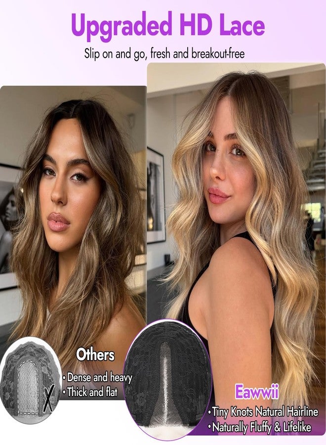 Eawwii Brown Blonde Highlight Wig for Women Long Wavy 4x1 Lace Natural Hairline Glueless for Beginners Middle Part Synthetic for Daily Party Use 26Inch - Image 2