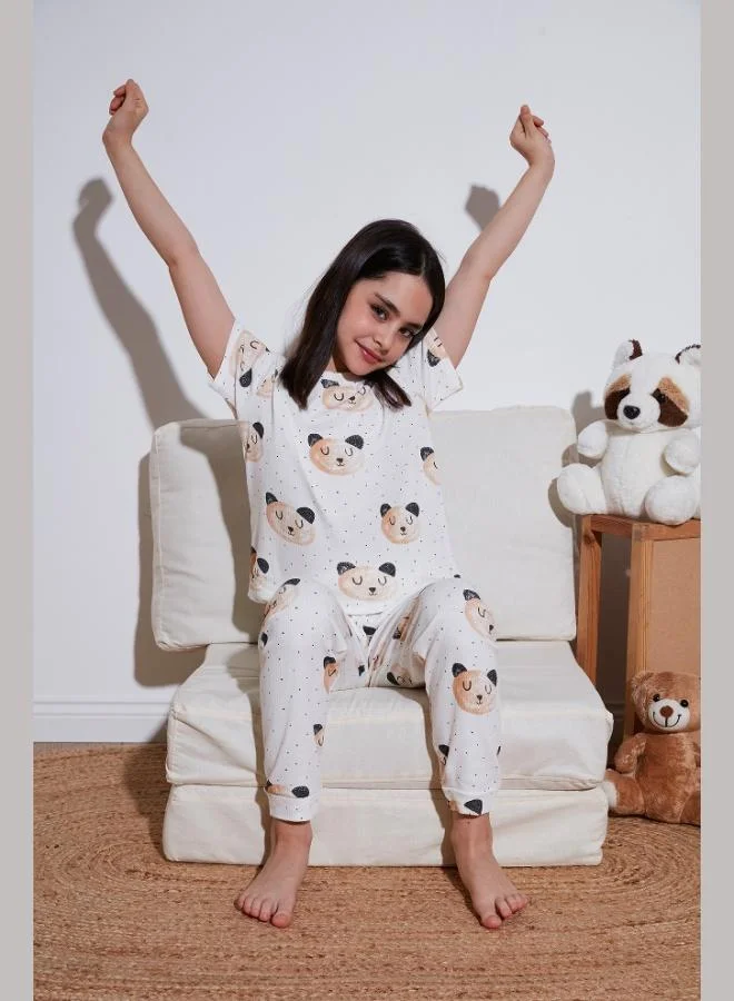 ليلا طقم بيجامة قطن % برقبة دائرية وأكمام قصيرة للبنات