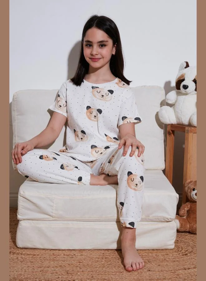 ليلا طقم بيجامة قطن % برقبة دائرية وأكمام قصيرة للبنات