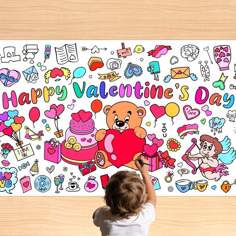 Linsuminn Valentines Coloring Tablecloth/Poster, Valentines Day Gifts for Kids Classroom, Valentines Day Decorations, 72"X30" Giant Paper Coloring Banner Tablecloth for Kids Crafts Activities Party Decorations - Image 1