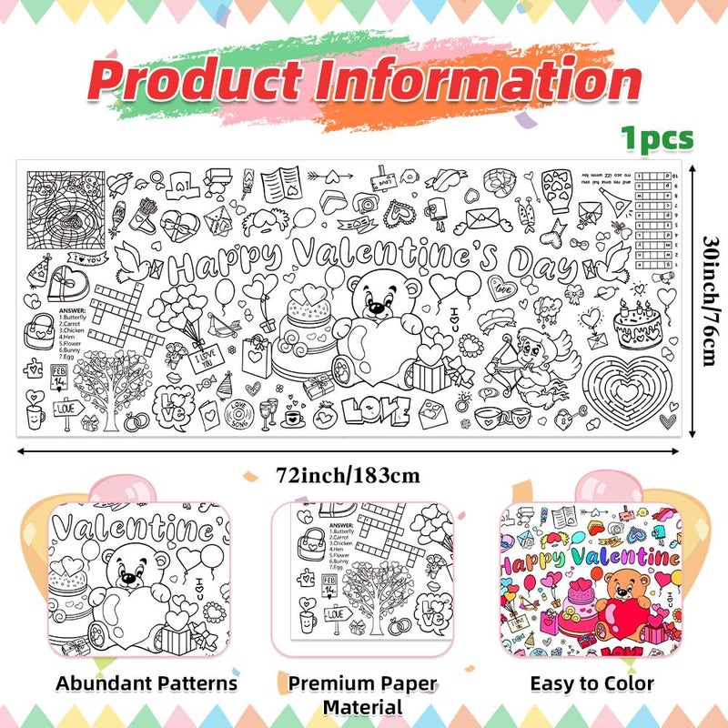 Linsuminn Valentines Coloring Tablecloth/Poster, Valentines Day Gifts for Kids Classroom, Valentines Day Decorations, 72"X30" Giant Paper Coloring Banner Tablecloth for Kids Crafts Activities Party Decorations - Image 2