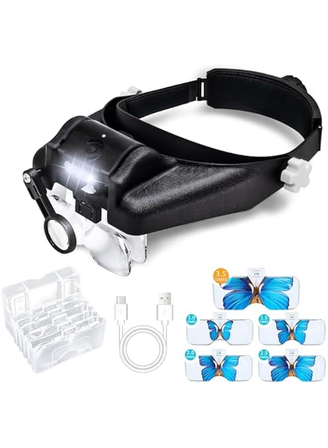 Arabest Rechargeable Headband Magnifier with Built-in Light and Interchangeable Lenses for Close-up Work, Sewing, Crafts, Jewelry Making, and Watch Repair.  - Image 1