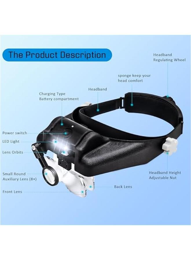 Arabest Rechargeable Headband Magnifier with Built-in Light and Interchangeable Lenses for Close-up Work, Sewing, Crafts, Jewelry Making, and Watch Repair.  - Image 2