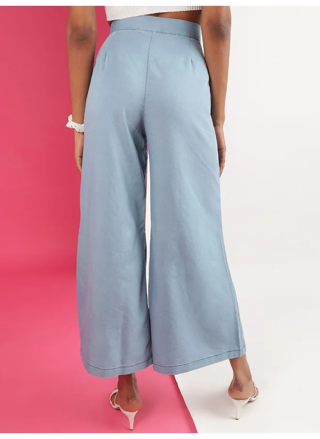 مرفوعة Blue Women Flared Casual Solid Denim Flared Pants