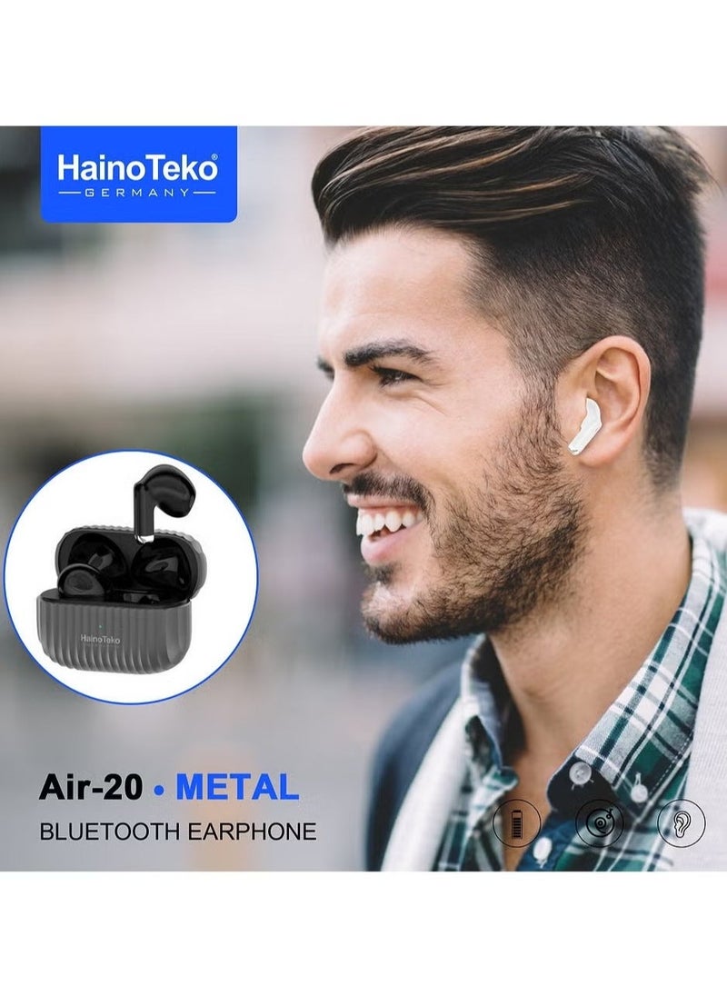 Haino Teko Air-20 Metal Bluetooth Earphones with High Bass Music Technology, Super Clear Microphone, Multifunctional Touch Control, Compatible with Android Mobiles and Tablets, Black – Wireless Earbuds for Music & Calls - Image 2