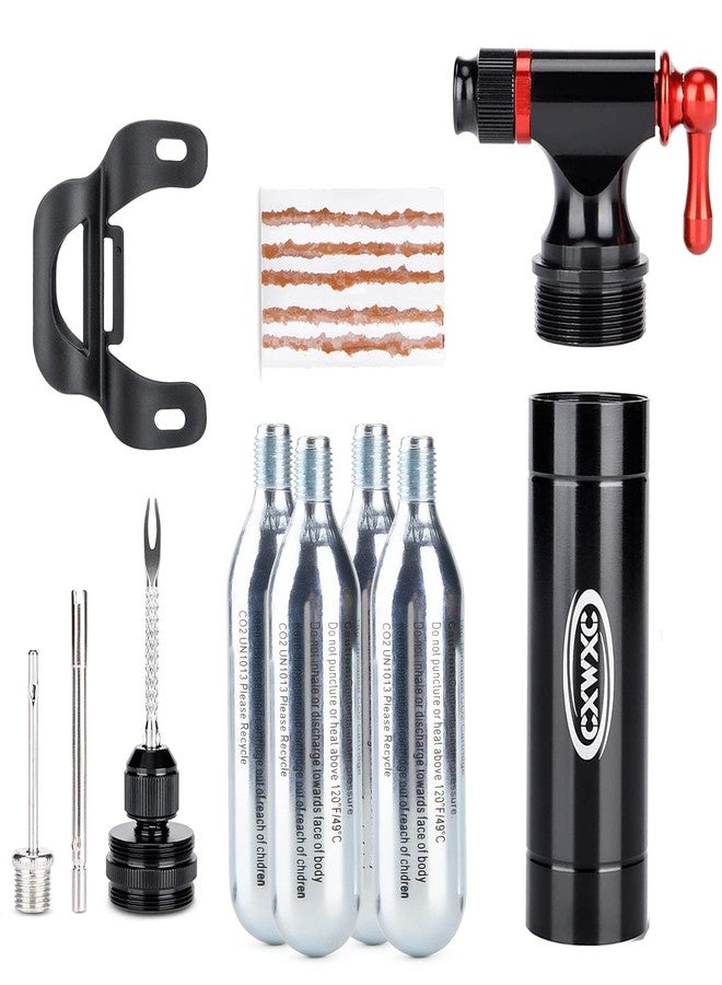 CXWXC CO2 Inflator with 4 x 16g CO2 Cartridges & Tubeless Tire Repair Kit - Presta/Schrader Valve Compatible - Bicycle Tire Pump for Road and Mountain Bikes - Image 1