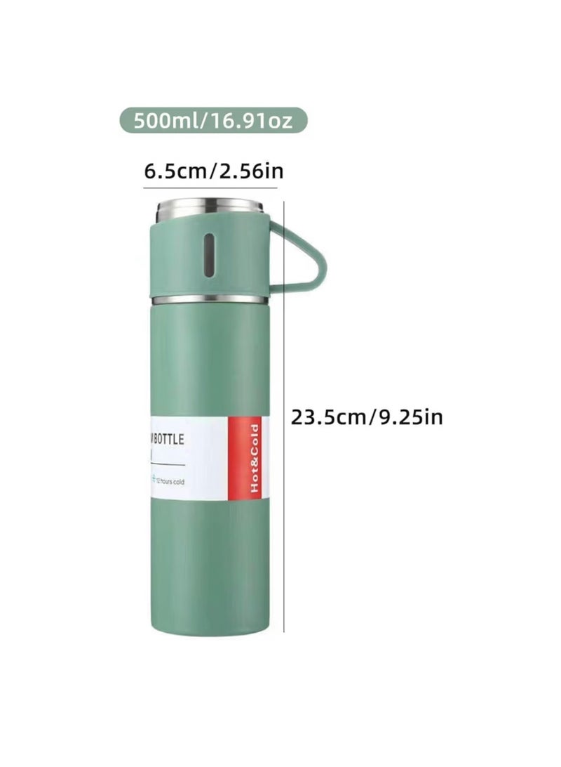 Nessan 3-Piece Stainless Steel Gift Set Vacuum Thermal Mug Flask Bottle with 2 Extra Cup Set Leak-proof Mug Insulated Travel Business Trip Water Bottle Thermos Hot & Cold Up to 12 Hours 500ml - Green - Image 3