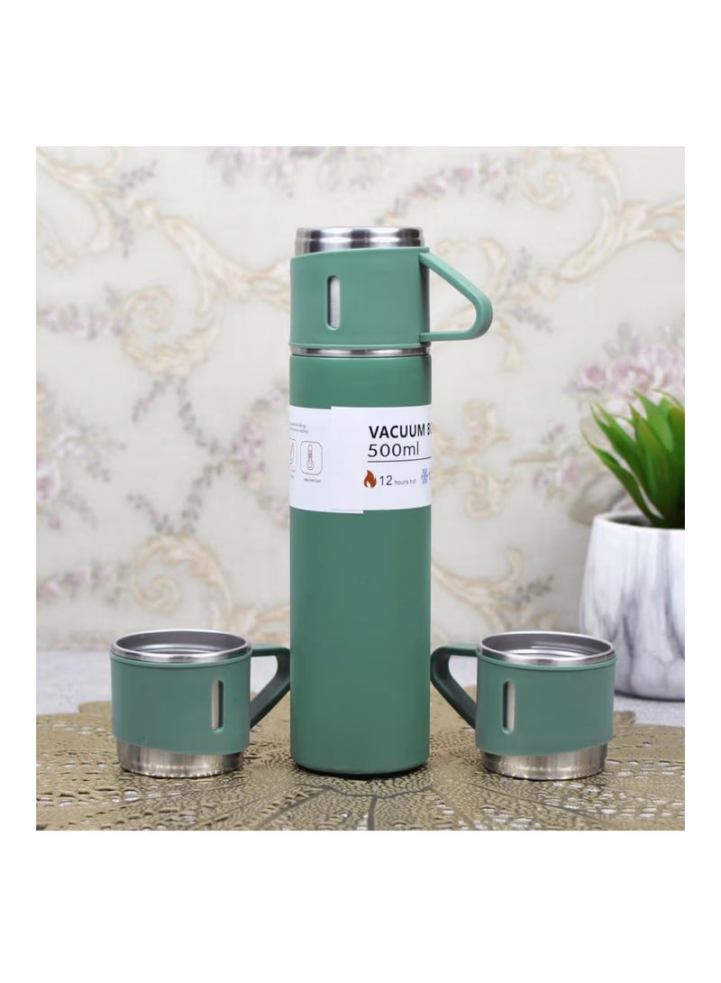 Nessan 3-Piece Stainless Steel Gift Set Vacuum Thermal Mug Flask Bottle with 2 Extra Cup Set Leak-proof Mug Insulated Travel Business Trip Water Bottle Thermos Hot & Cold Up to 12 Hours 500ml - Green - Image 5