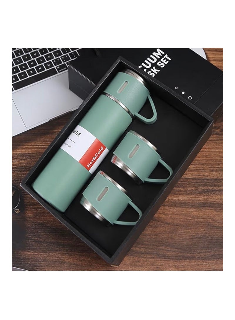 Nessan 3-Piece Stainless Steel Gift Set Vacuum Thermal Mug Flask Bottle with 2 Extra Cup Set Leak-proof Mug Insulated Travel Business Trip Water Bottle Thermos Hot & Cold Up to 12 Hours 500ml - Green - Image 1