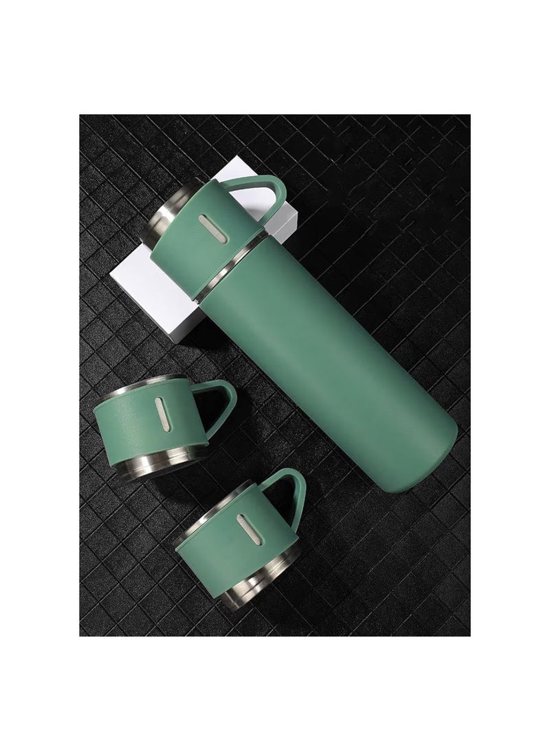 Nessan 3-Piece Stainless Steel Gift Set Vacuum Thermal Mug Flask Bottle with 2 Extra Cup Set Leak-proof Mug Insulated Travel Business Trip Water Bottle Thermos Hot & Cold Up to 12 Hours 500ml - Green - Image 2