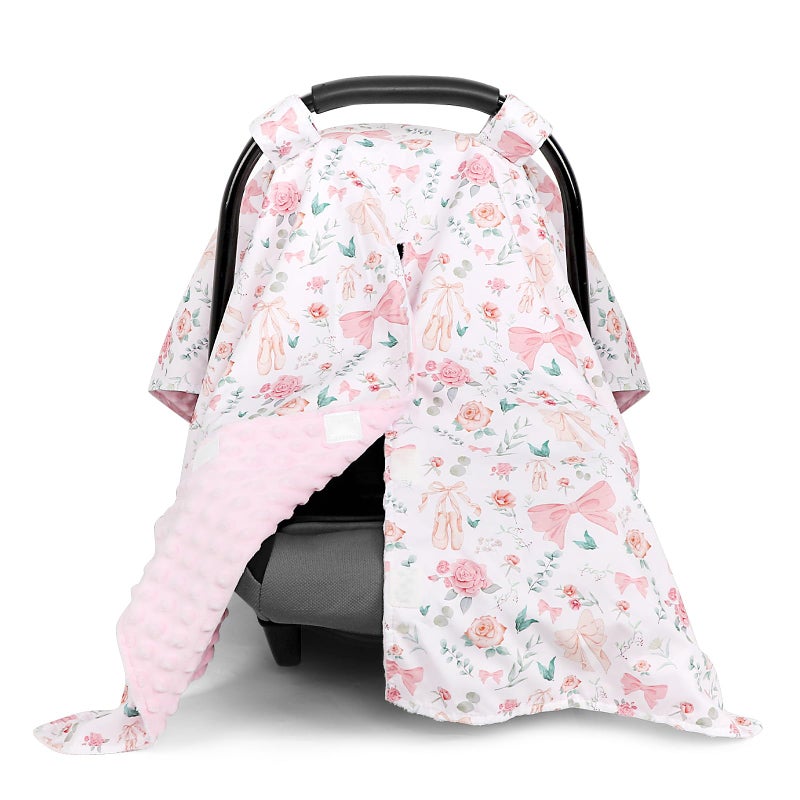 GFU Baby Car Seat Cover, Soft Minky Warm Winter Car Seat Canopy for Infants & Toddlers, Opening with Adjustable Strap, Breathable Nursing Cover & Stroller Blanket, Pink Flowers (Fits Most Car Seats) - Image 1