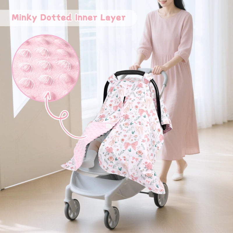 GFU Baby Car Seat Cover, Soft Minky Warm Winter Car Seat Canopy for Infants & Toddlers, Opening with Adjustable Strap, Breathable Nursing Cover & Stroller Blanket, Pink Flowers (Fits Most Car Seats) - Image 2