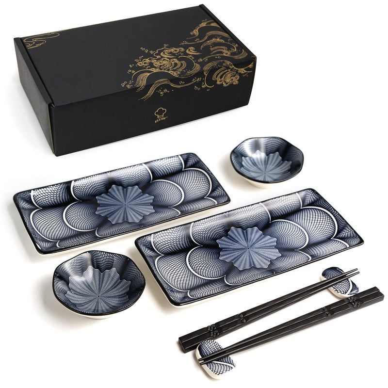 8 Piece Japanese Style Ceramic Sushi Plate Set 10inch rectangle sushi dishes 2 Sushi Plates 2 Sauce Dishes 2 Pairs of Chopsticks 2 Chopsticks Holders