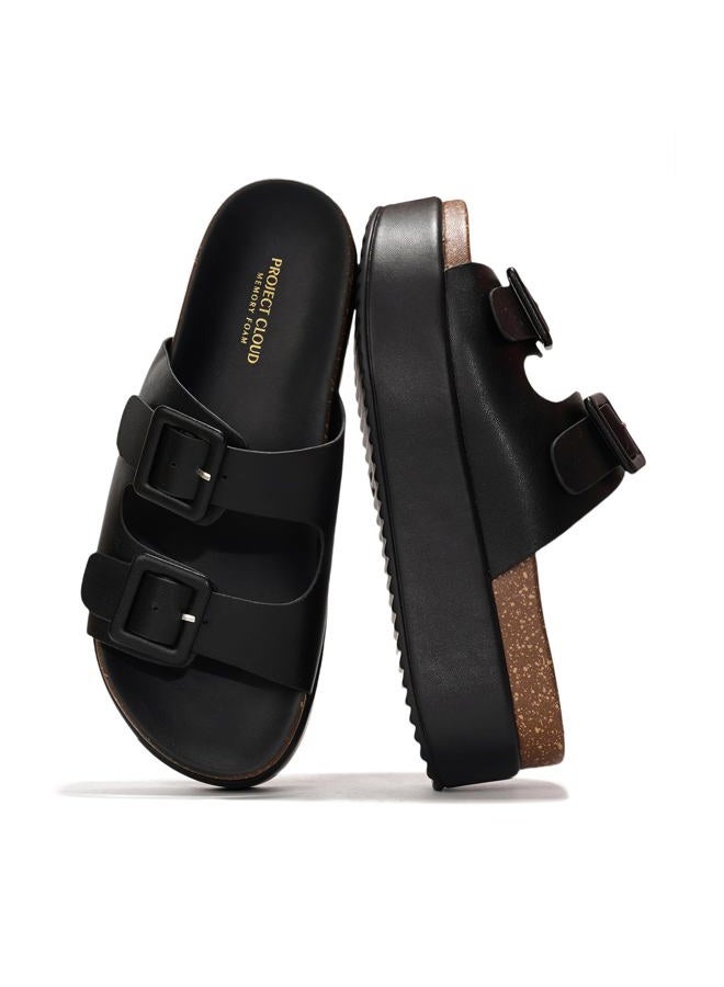 Project Cloud Wedge Platform Sandals For Women - Memory Foam Insole & Cork Footbed Platform Heel Slides for Women Footwear - Beach Essential Womens Sandals (Softy), Black, 8.5 - Image 1