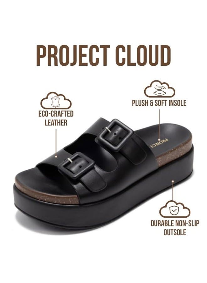 Project Cloud Wedge Platform Sandals For Women - Memory Foam Insole & Cork Footbed Platform Heel Slides for Women Footwear - Beach Essential Womens Sandals (Softy), Black, 8.5 - Image 3