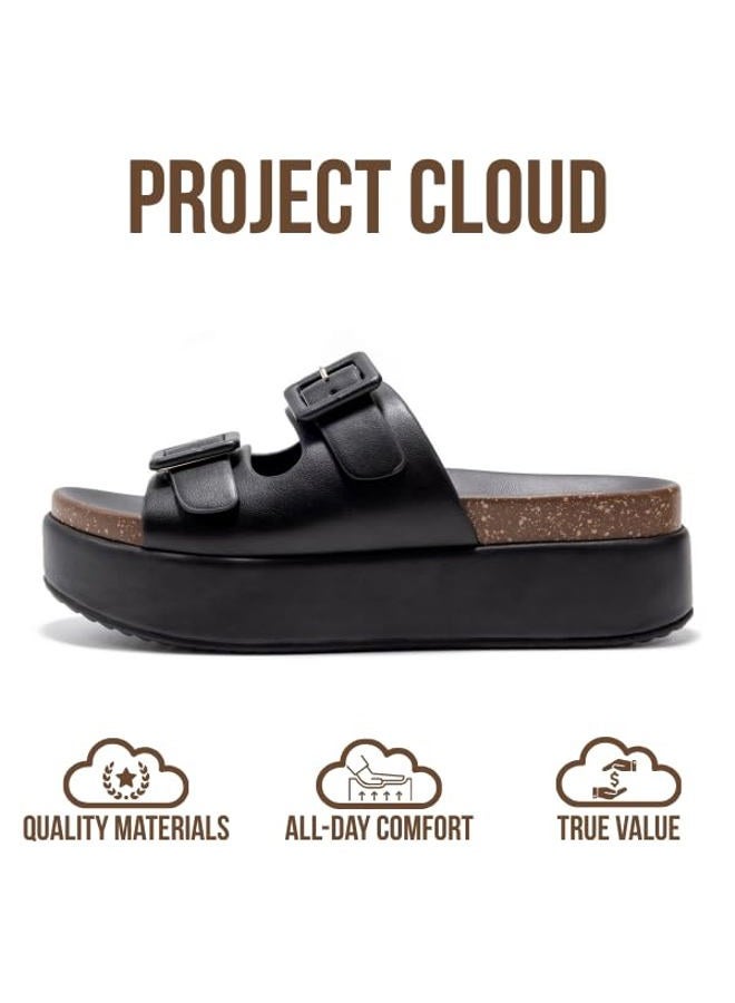 Project Cloud Wedge Platform Sandals For Women - Memory Foam Insole & Cork Footbed Platform Heel Slides for Women Footwear - Beach Essential Womens Sandals (Softy), Black, 8.5 - Image 4