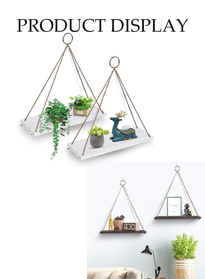DUNISO 3-Piece Set, Wooden Wall Mounted Shelves, Bohemian Style Plant Hanging Rack, Triangle Floating Shelves, Rope Bookshelf For Bedroom Bathroom Living Room Balcony, White  - Image 4