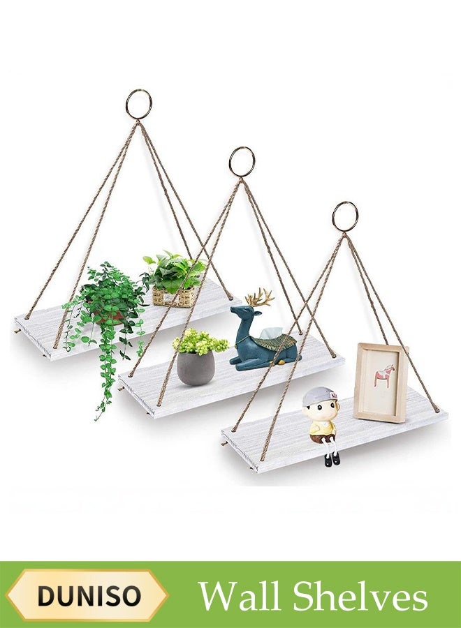 DUNISO 3-Piece Set, Wooden Wall Mounted Shelves, Bohemian Style Plant Hanging Rack, Triangle Floating Shelves, Rope Bookshelf For Bedroom Bathroom Living Room Balcony, White  - Image 1