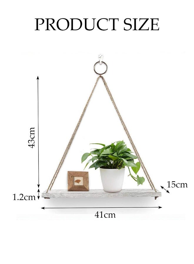 DUNISO 3-Piece Set, Wooden Wall Mounted Shelves, Bohemian Style Plant Hanging Rack, Triangle Floating Shelves, Rope Bookshelf For Bedroom Bathroom Living Room Balcony, White  - Image 2