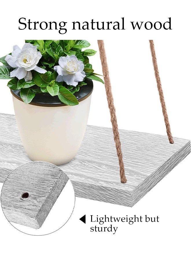 DUNISO 3-Piece Set, Wooden Wall Mounted Shelves, Bohemian Style Plant Hanging Rack, Triangle Floating Shelves, Rope Bookshelf For Bedroom Bathroom Living Room Balcony, White  - Image 3