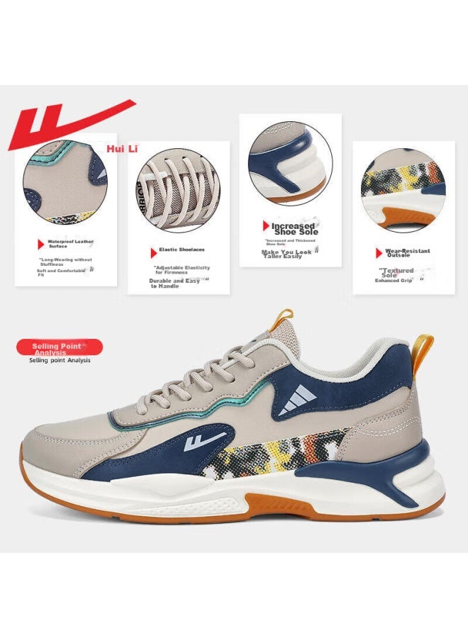 Warrior Huili Official Men's Sneakers, Trendy Leather Casual Shoes, Lightweight Breathable Shock-absorbing Running Shoes, Beige Blue, Size 42 - Image 4
