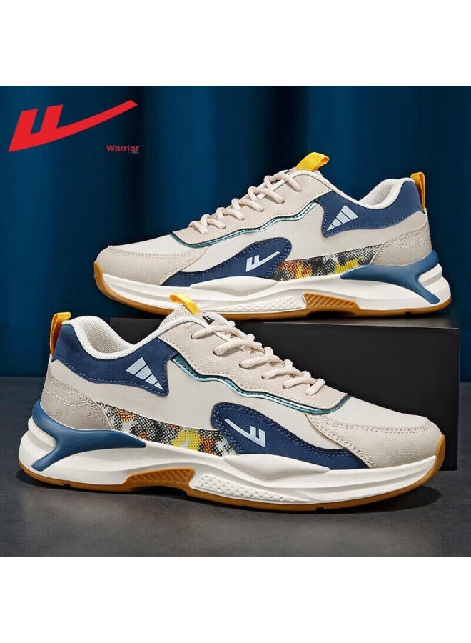 Warrior Huili Official Men's Sneakers, Trendy Leather Casual Shoes, Lightweight Breathable Shock-absorbing Running Shoes, Beige Blue, Size 42 - Image 1