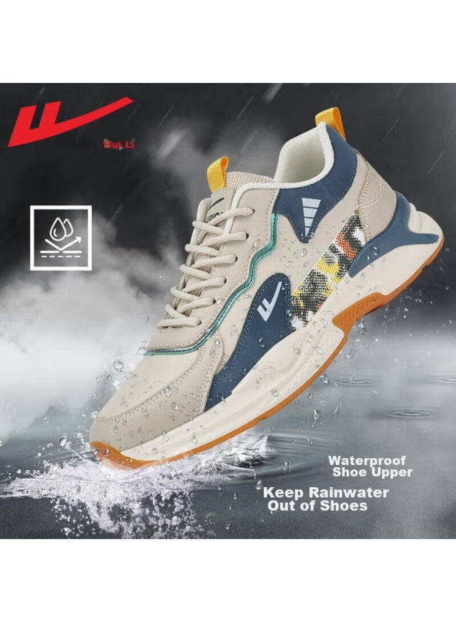 Warrior Huili Official Men's Sneakers, Trendy Leather Casual Shoes, Lightweight Breathable Shock-absorbing Running Shoes, Beige Blue, Size 42 - Image 3