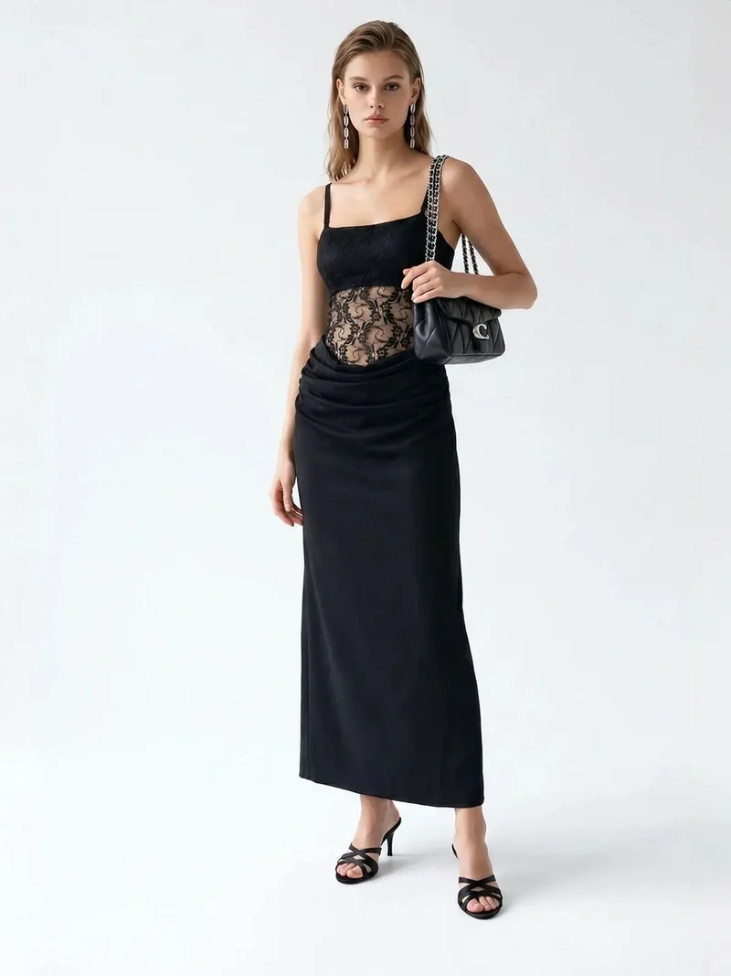ميكسراي MIXRAY Sleeveless Satin Maxi Dress With Square Neckline