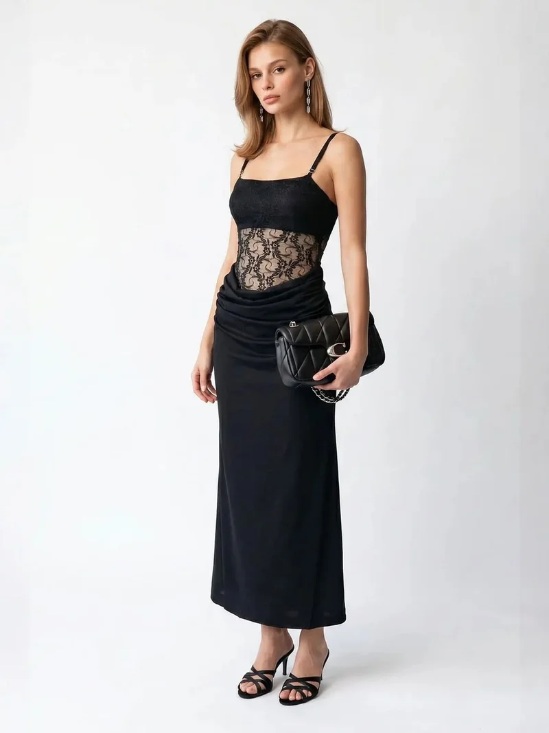 Mixray Black MIXRAY Sleeveless Satin Maxi Dress With Square Neckline for Women | Best Price UAE