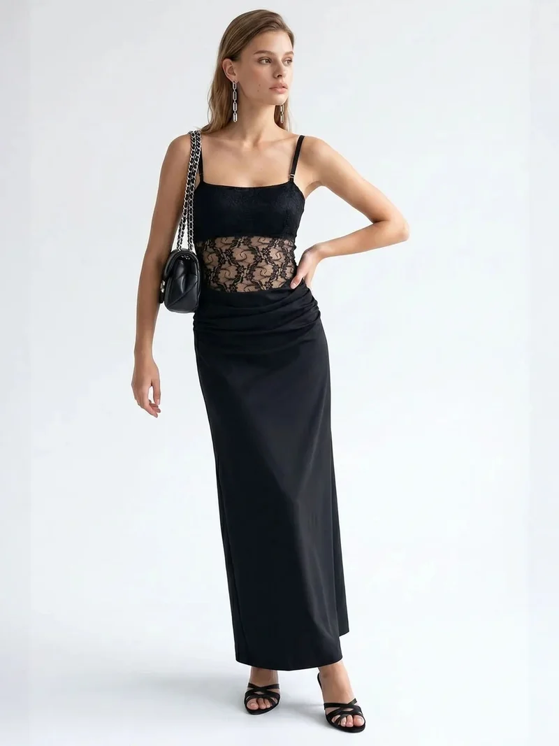 Mixray Black MIXRAY Sleeveless Satin Maxi Dress With Square Neckline for Women | Best Price UAE