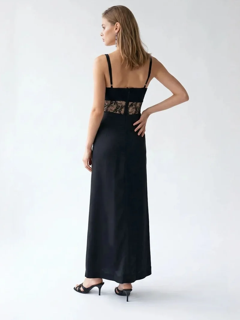 Mixray Black MIXRAY Sleeveless Satin Maxi Dress With Square Neckline for Women | Best Price UAE