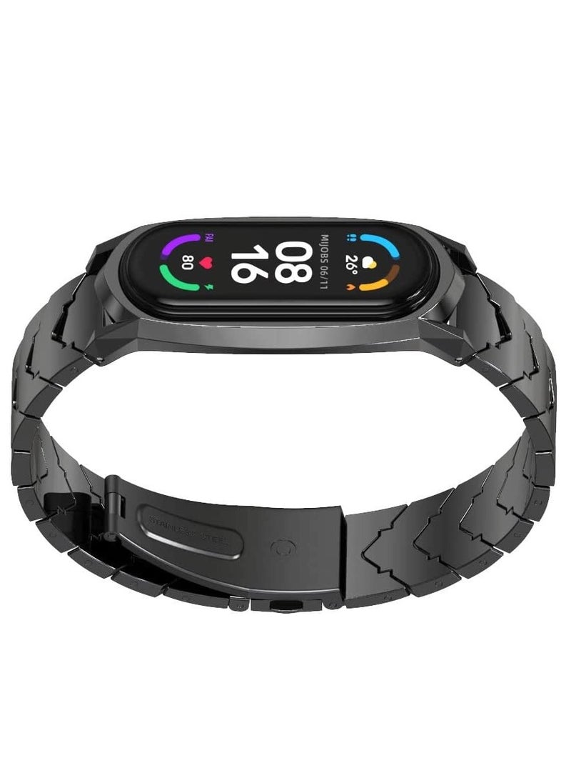 KASTWAVE حزام متوافق مع Xiaomi Mi Band 6/5/4/3، سوار بديل لسوار Mi Band 6 Correa NFC النسخة العالمية من المعدن المقاوم للصدأ (أسود)  - Image 1