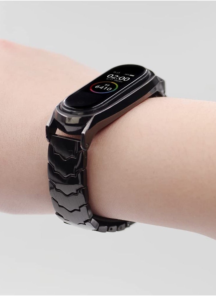 حزام متوافق مع Xiaomi Mi Band 6/5/4/3، سوار بديل لسوار Mi Band 6 Correa NFC النسخة العالمية من المعدن المقاوم للصدأ (أسود)
