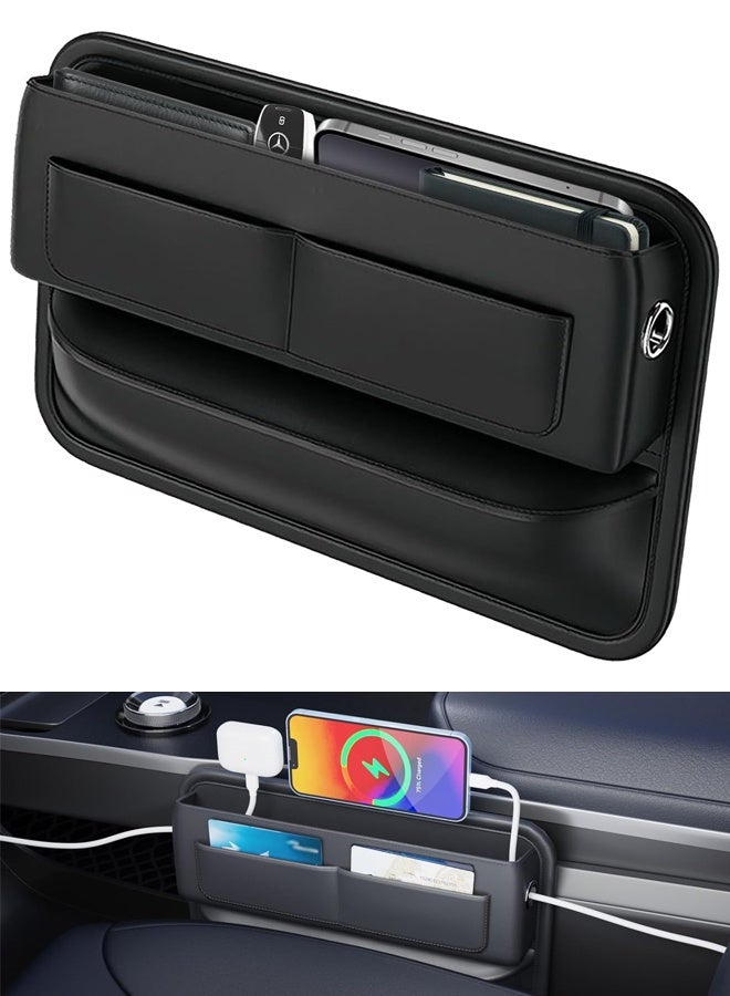 منظم حشو فجوات مقعد السيارة من الجلد العالمي - صندوق تخزين بجيوب جانبية لسيارات الدفع الرباعي والشاحنات، ملحقات السيارة الأساسية، منظم وحدة التحكم المركزية (أسود) - Image 1