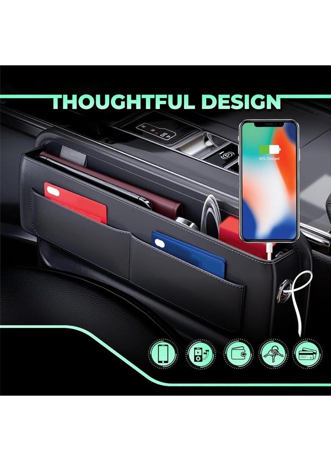 منظم حشو فجوات مقعد السيارة من الجلد العالمي - صندوق تخزين بجيوب جانبية لسيارات الدفع الرباعي والشاحنات، ملحقات السيارة الأساسية، منظم وحدة التحكم المركزية (أسود) - Image 4