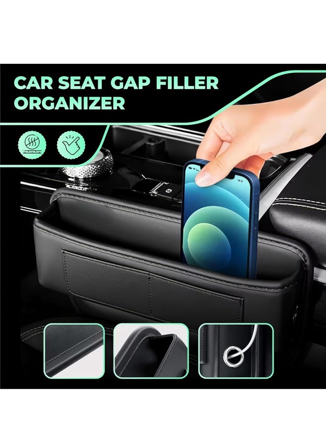 منظم حشو فجوات مقعد السيارة من الجلد العالمي - صندوق تخزين بجيوب جانبية لسيارات الدفع الرباعي والشاحنات، ملحقات السيارة الأساسية، منظم وحدة التحكم المركزية (أسود) - Image 2