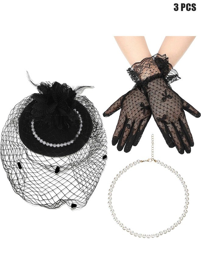 1950s Vintage Fascinator Hat, Faux Feather Mesh Net Hat Tea Party Headwear with Veil and Women Short Lace Gloves Imitation Pearl Necklace, Costume Accessories for Girls and Women Wedding (Black) - Image 1