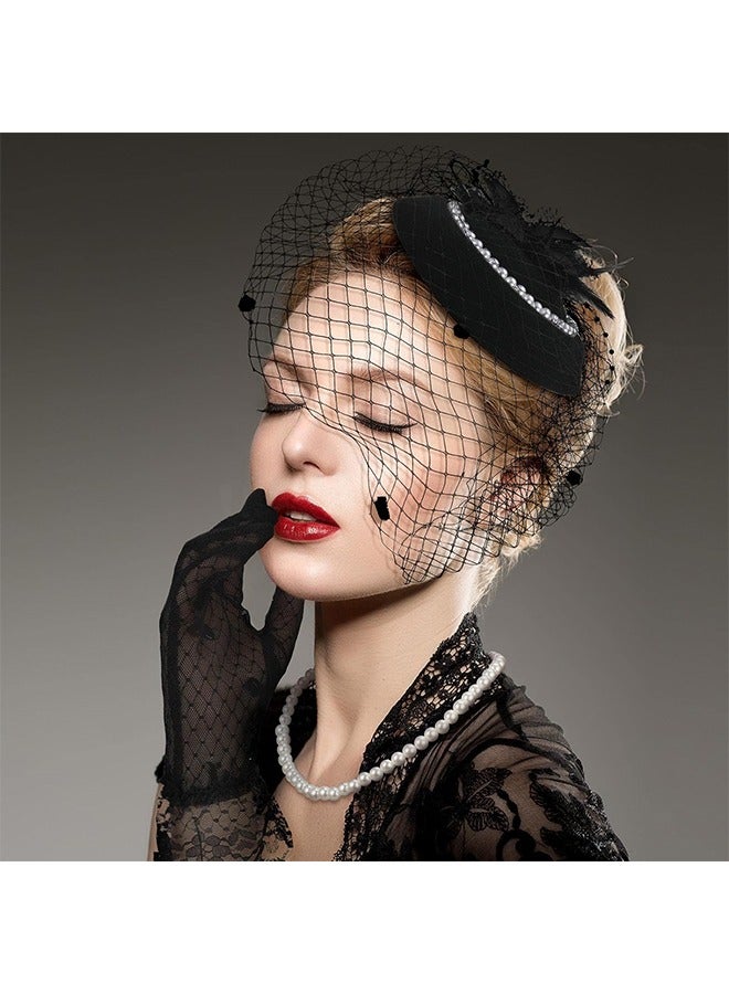 1950s Vintage Fascinator Hat, Faux Feather Mesh Net Hat Tea Party Headwear with Veil and Women Short Lace Gloves Imitation Pearl Necklace, Costume Accessories for Girls and Women Wedding (Black) - Image 2