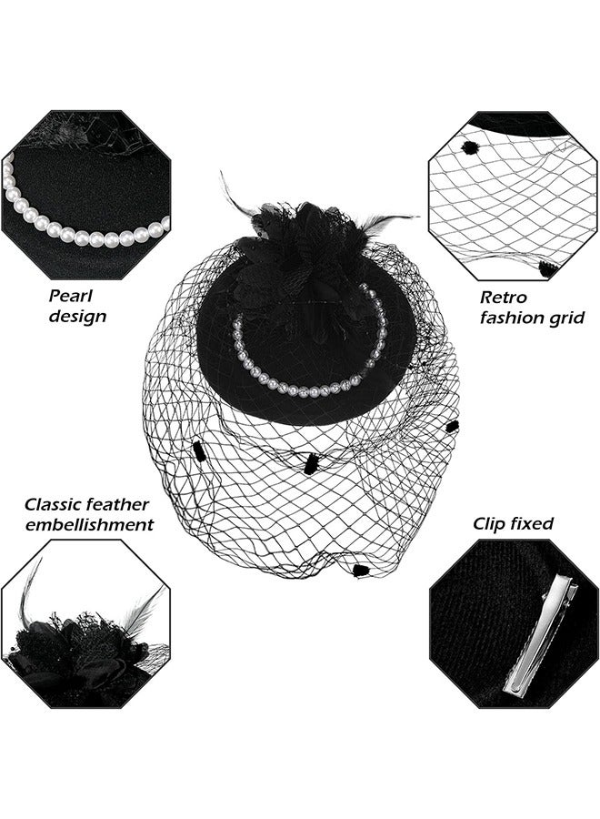1950s Vintage Fascinator Hat, Faux Feather Mesh Net Hat Tea Party Headwear with Veil and Women Short Lace Gloves Imitation Pearl Necklace, Costume Accessories for Girls and Women Wedding (Black) - Image 5